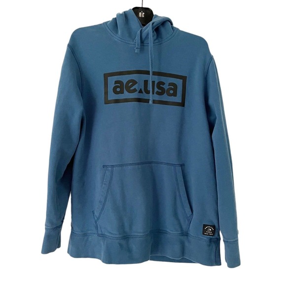 American Eagle AE Blue Spell Out Logo Mens Hoodie Size Large - Picture 2 of 9